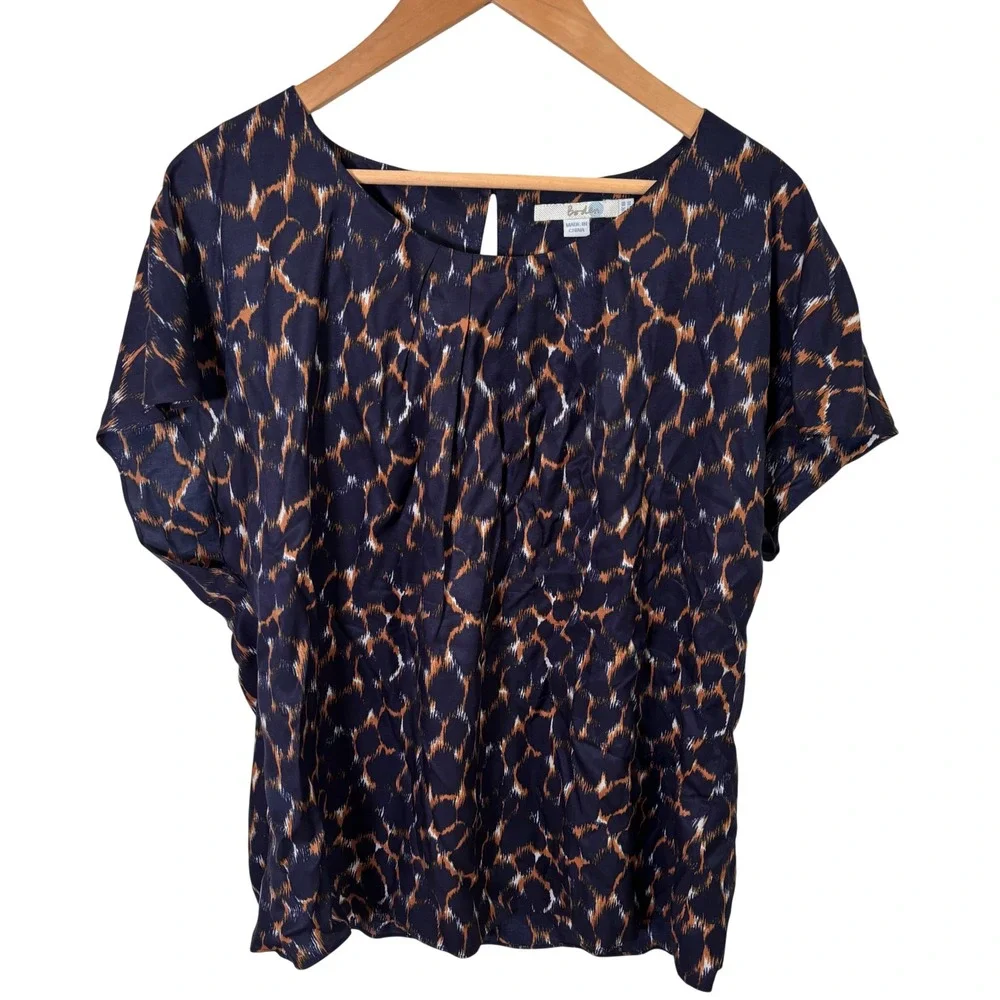 Boden Womens Skirt Blouse Set Sz 14 Navy Silk Top Pencil Short Sleeve Matching